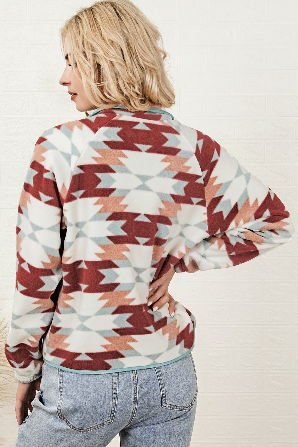 Green Geometric Aztec Pattern Plus Size Fleece Jacket