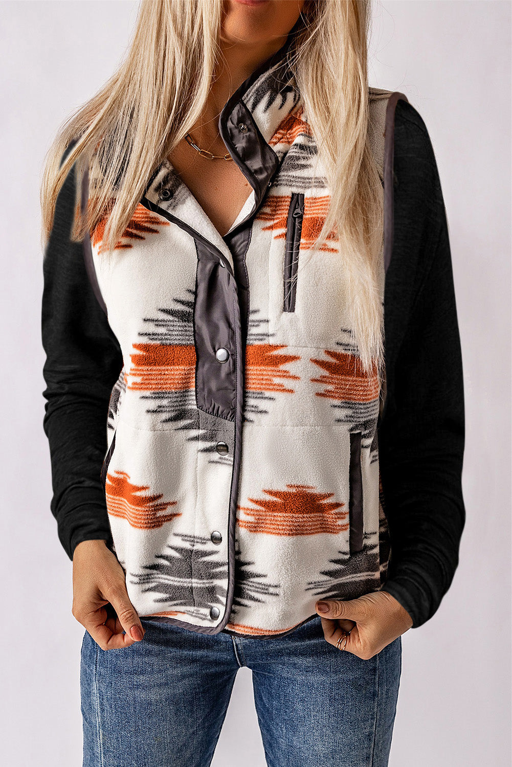 Multicolour Aztec Fleece Patchwork Snap Button Jacket