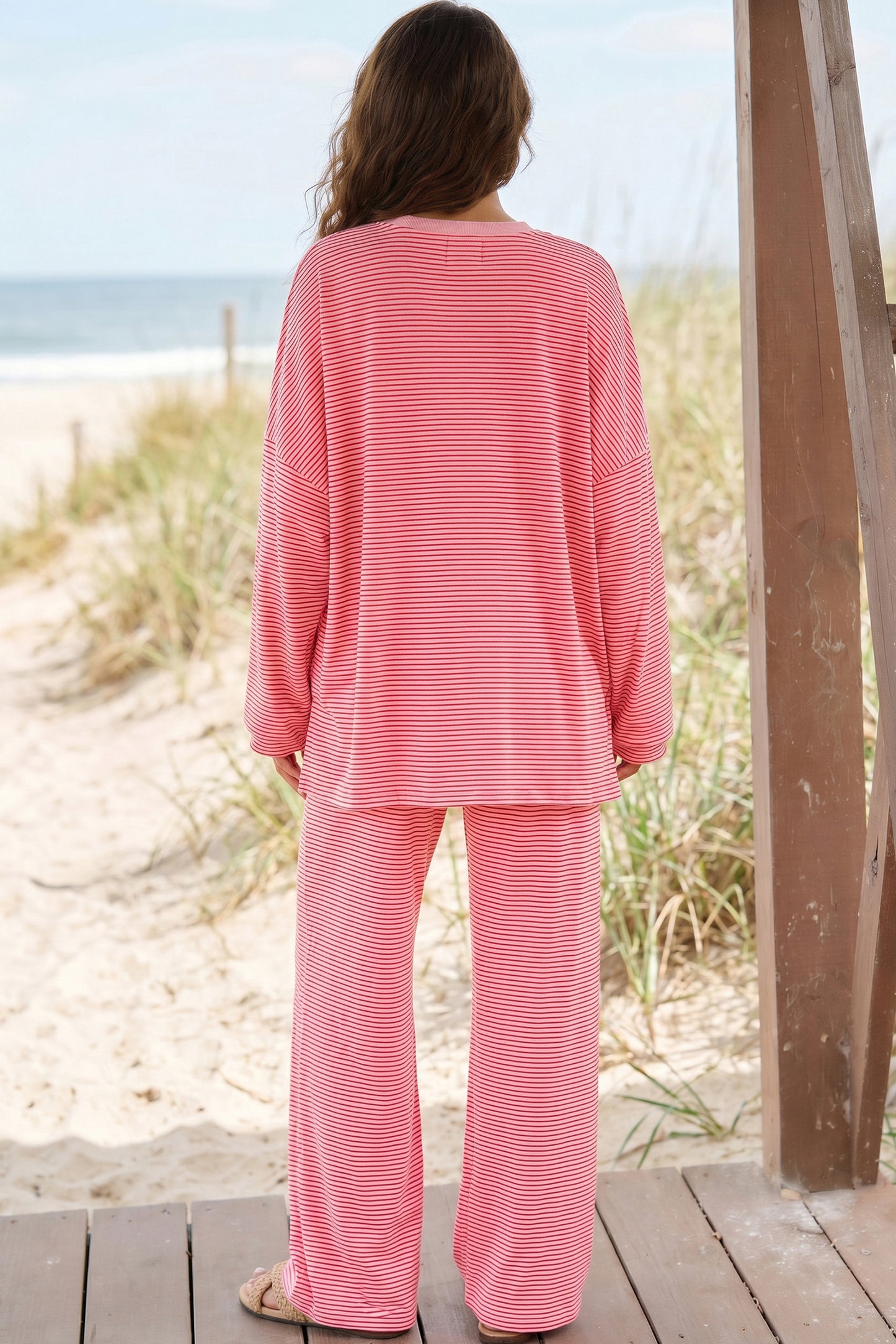 Pink Striped Drop Shoulder Long Sleeve Pant Set