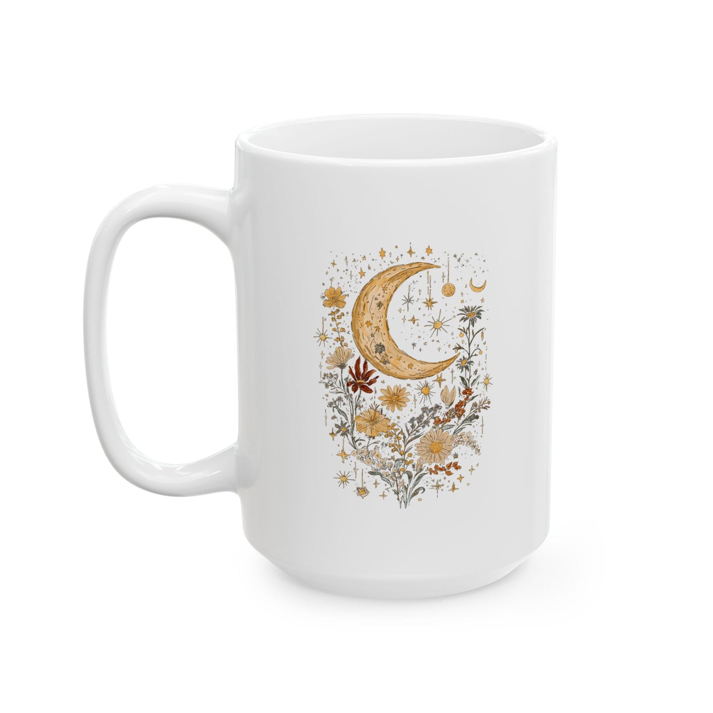 Crescent Moon and Flowers Ceramic Mug, (11oz, 15oz)