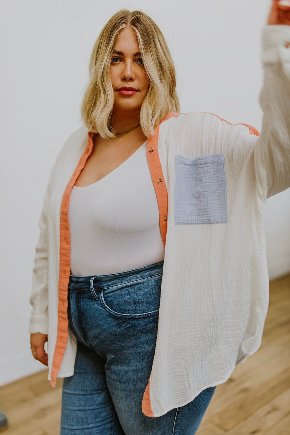 Crinkle Colorblock Chest Pocket Plus Size Shirt