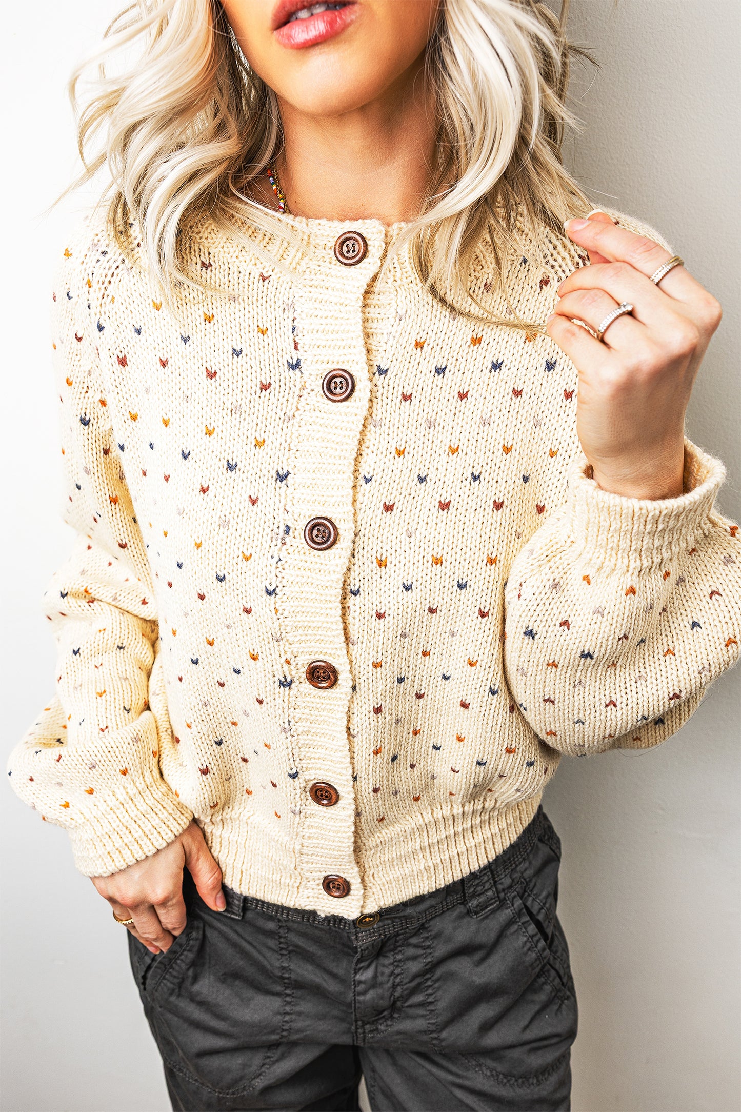 Beige Geometric Print Button Front Long Sleeve Regular Fit Cardigan