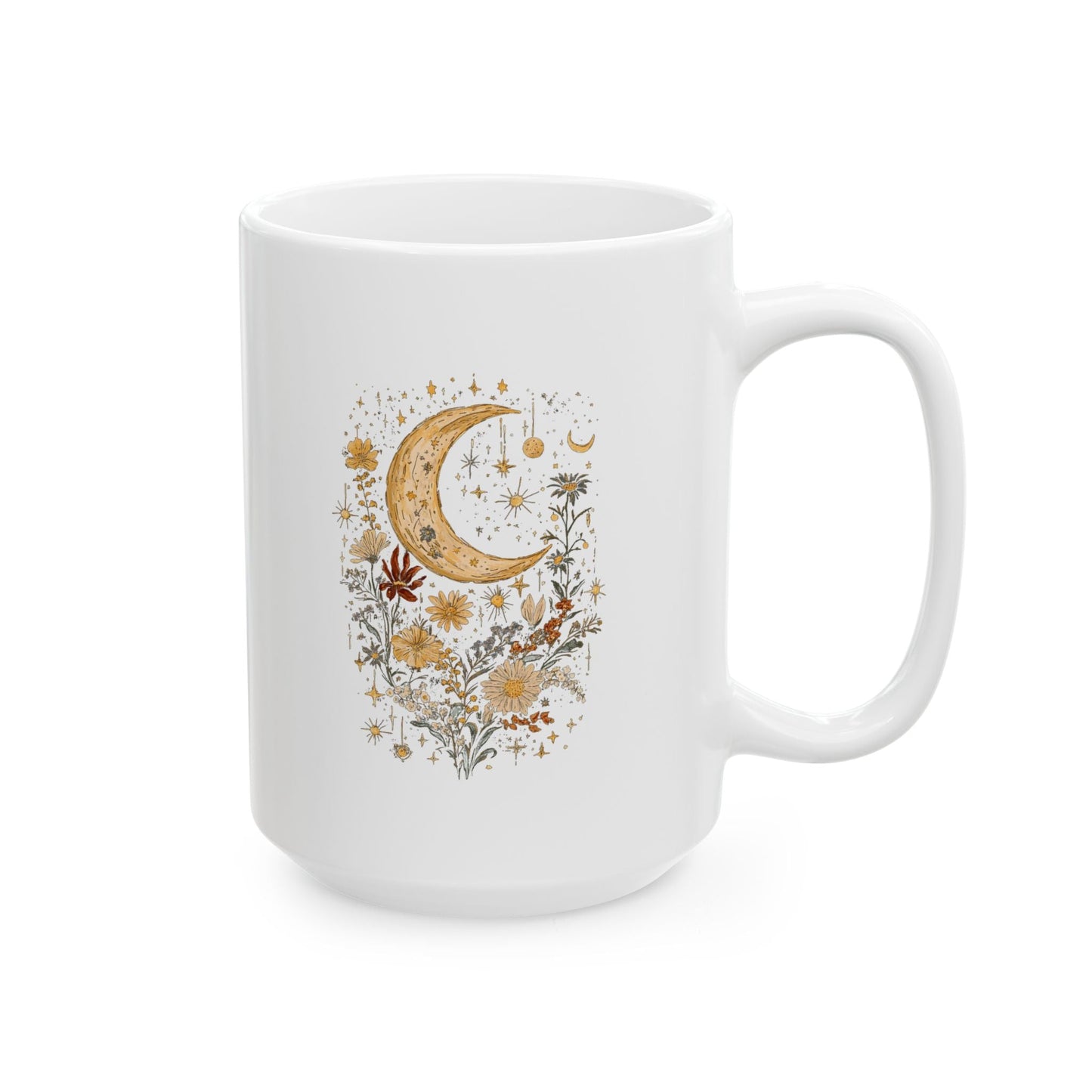 Crescent Moon and Flowers Ceramic Mug, (11oz, 15oz)