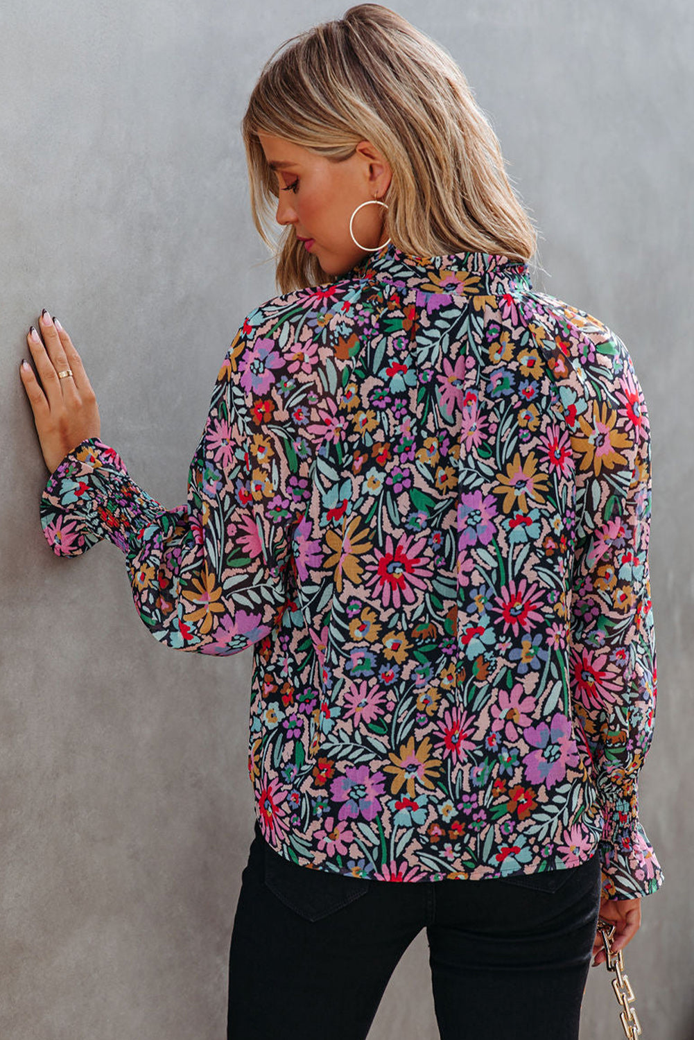 Multicolour Plus Size Floral Smocked Cuffs V-Neck Blouse