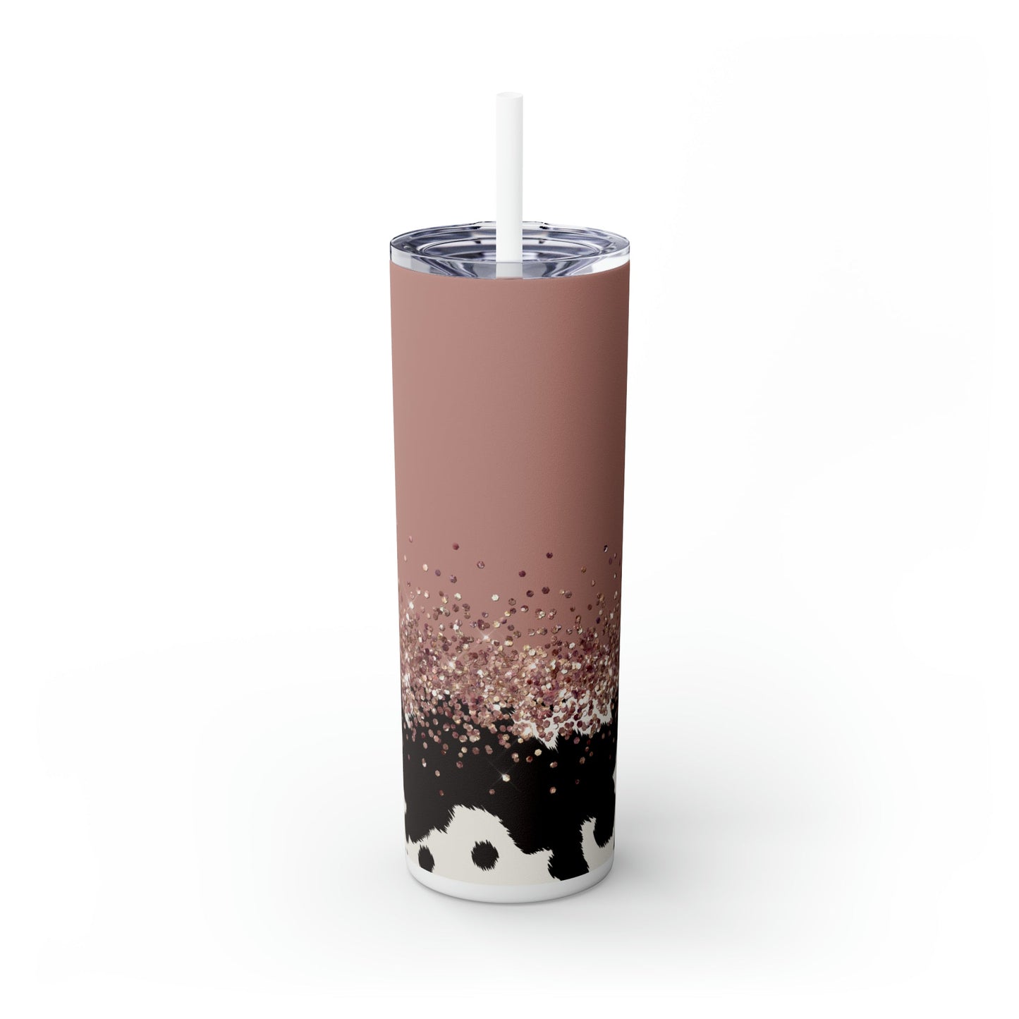 Cowhide Glitter Mauve Skinny Tumbler with Straw, 20oz