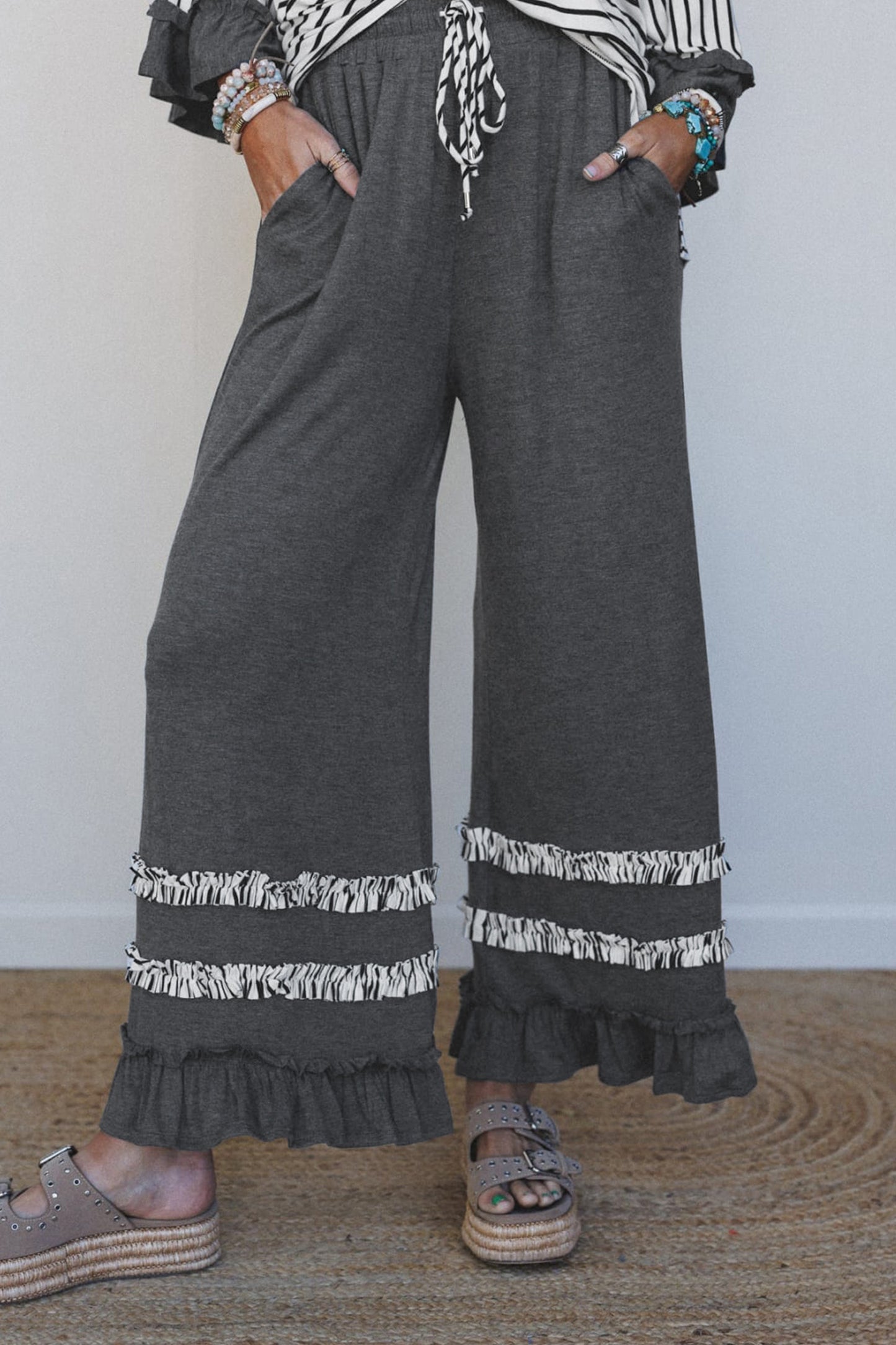 Gray Stripe V Neck Ruffle Contrast Sleeve Drawstring Pants 2pcs Set