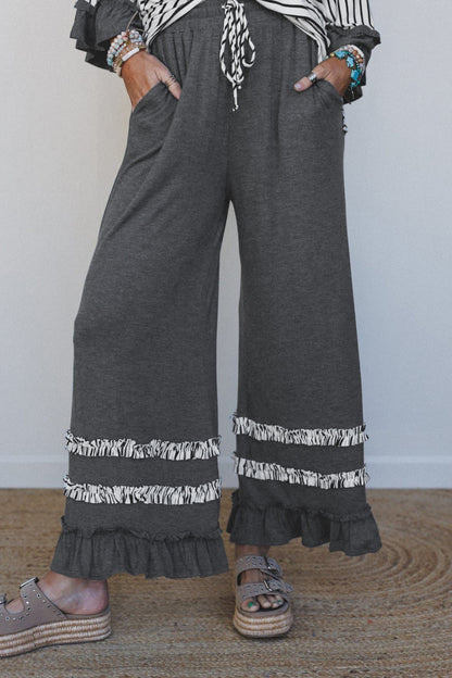 Gray Stripe V Neck Ruffle Contrast Sleeve Drawstring Pants 2pcs Set
