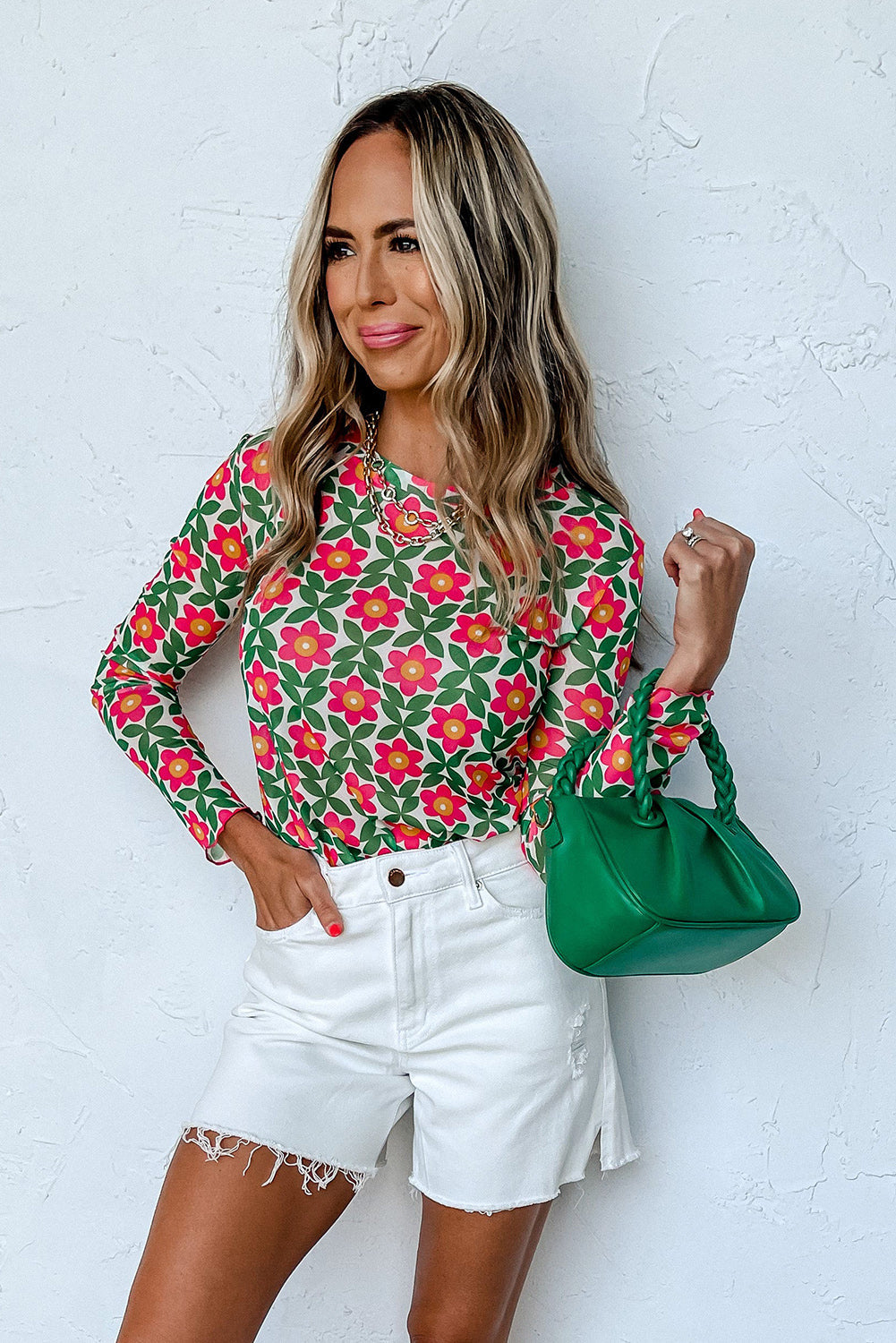 Retro Floral Print Stretchy Long Sleeve Top