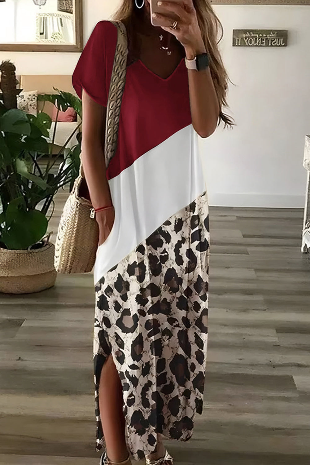 Black Leopard Color Block Side Slit T Shirt Maxi Dress