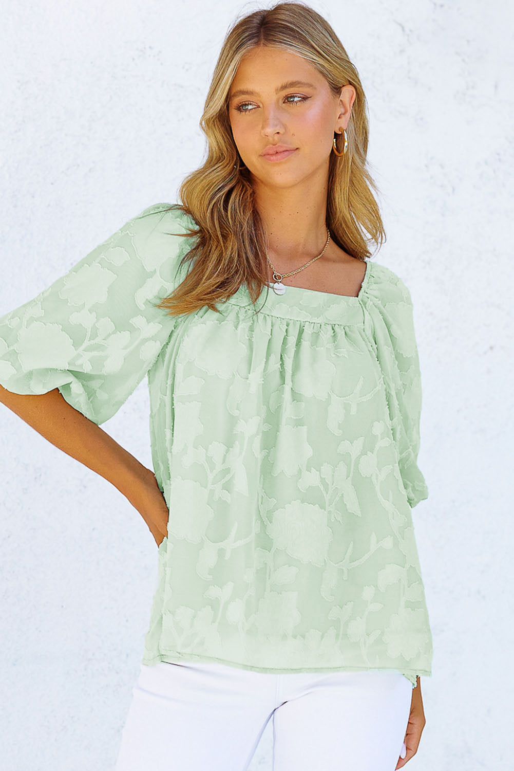 Lush Printed Balloon Sleeve Ruched Chiffon Top