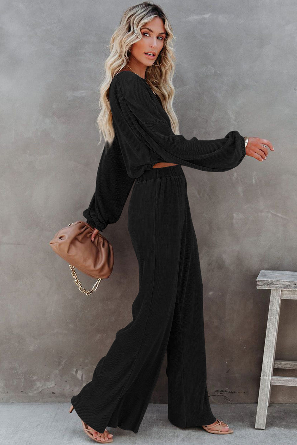 Black Corded Cropped Pullover and Wide Leg Pants Set