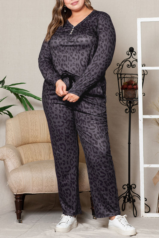 Plus Size Leopard Long Sleeve Henley Top Pajamas Set