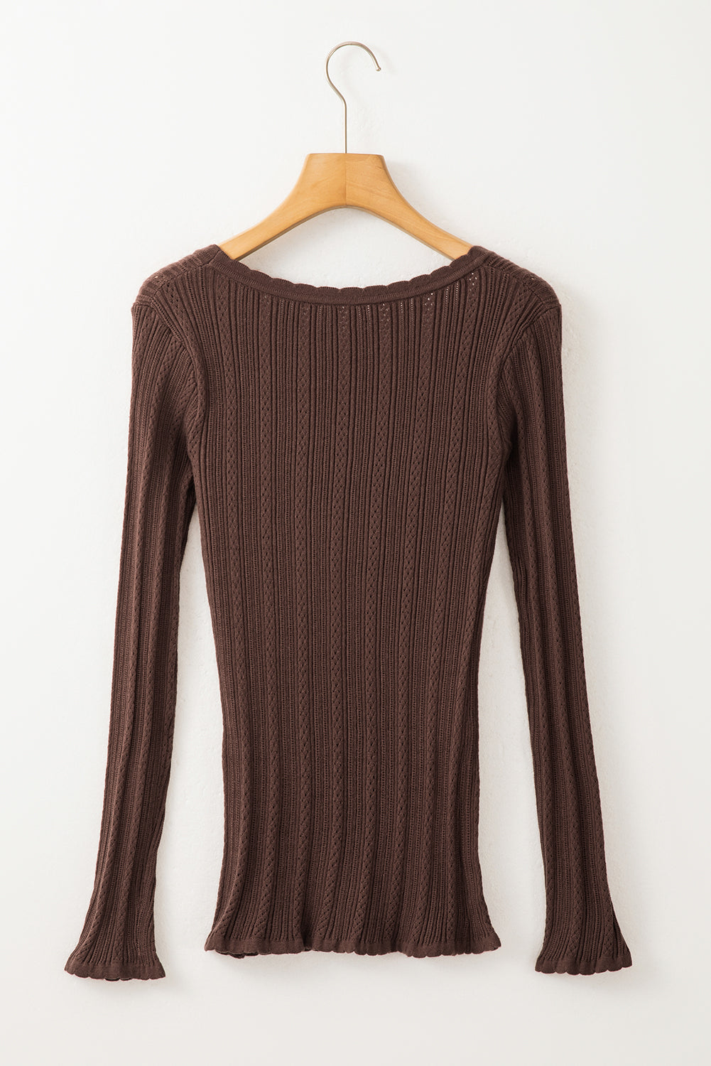 Coffee Solid Color Rib Knit U Neck Slim Fit Long Sleeve Top