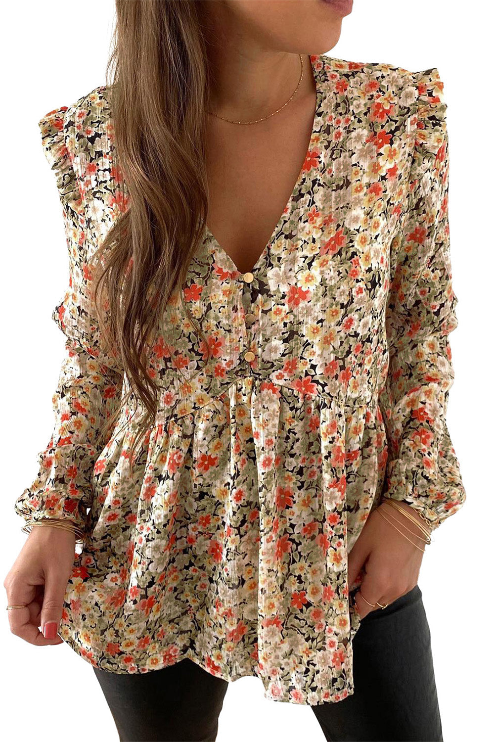 Khaki V Neck Ruffled Babydoll Floral Blouse