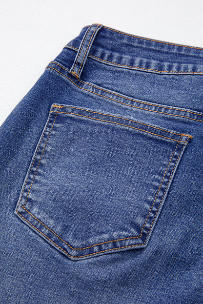 Dark Blue Whiskered Wash Raw Hem Cropped Jeans