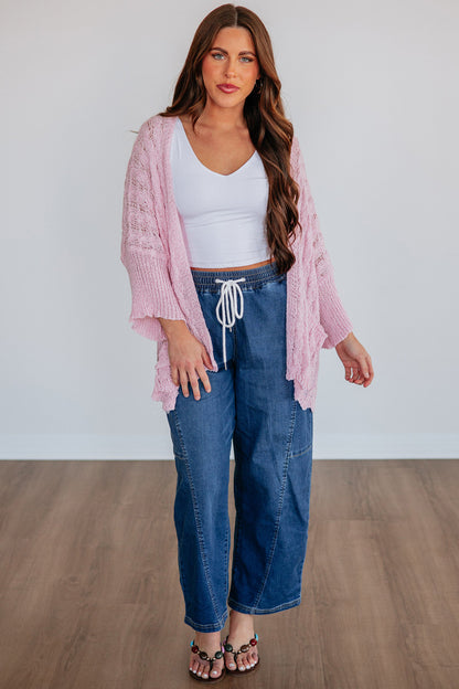 Pink Drop Shoulder Crochet Knit Open Front Cardigan