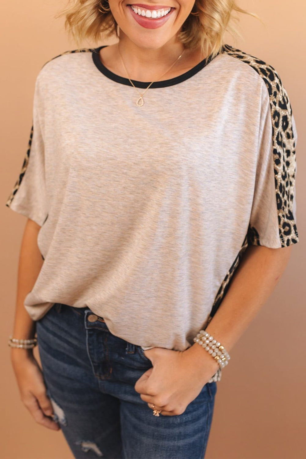 Leopard Splicing O-neck Short Sleeve T Shirt