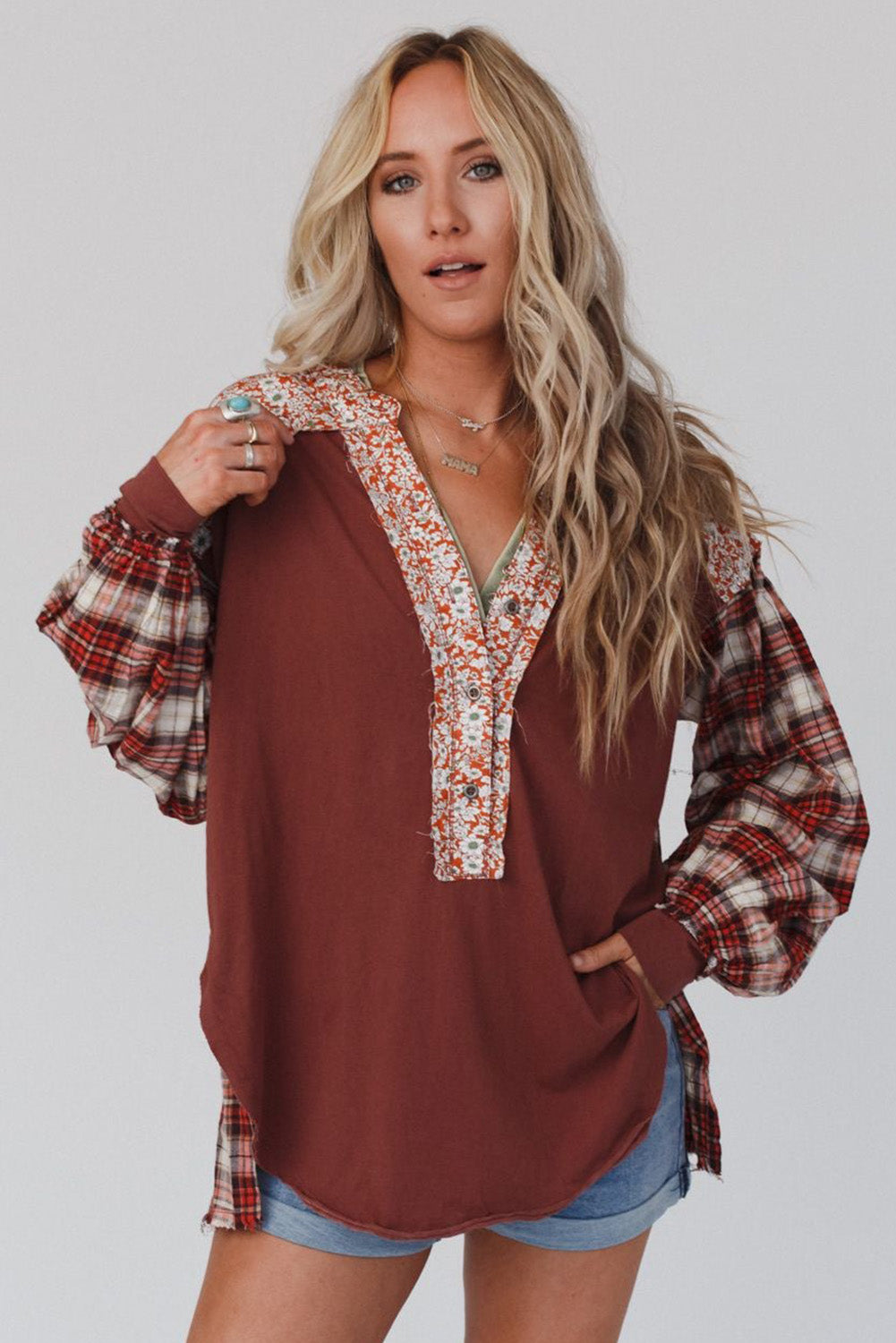 Red Dahlia Mixed Print Half Buttons Plus Size Pullover Top