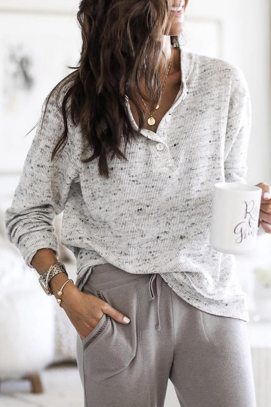 Slouchy Heather Rib Knit Long Sleeve Henley Top