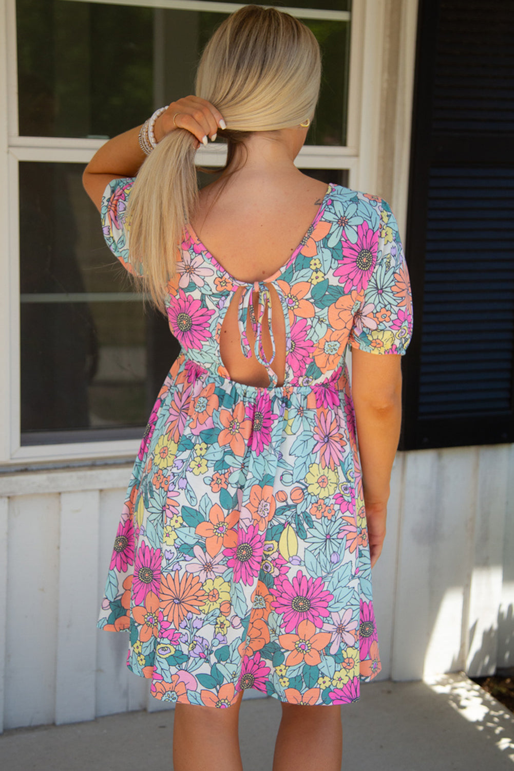 Multicolor Floral Print Tie Back Short Sleeve Dress