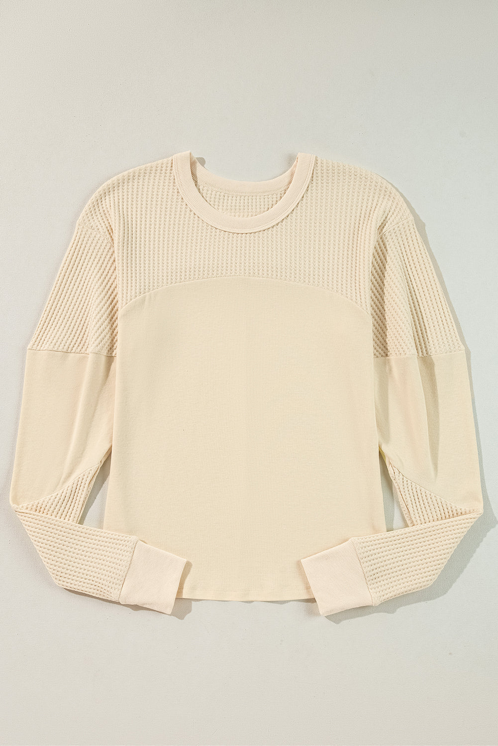 Beige Thermal Knit Patchwork Exposed Seam Long Sleeve Top