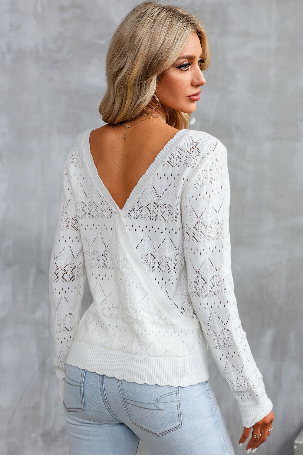 Surplice V Openwork Textured Sweater