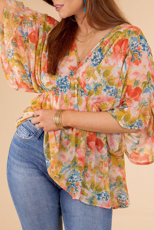 Multicolor Abstract Print Drape Sleeve V Neck Plus Size Babydoll Blouse