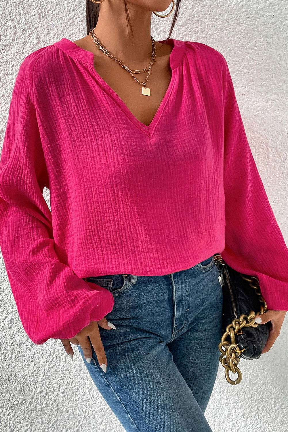 Crinkle Split Neck Puff Sleeve Blouse