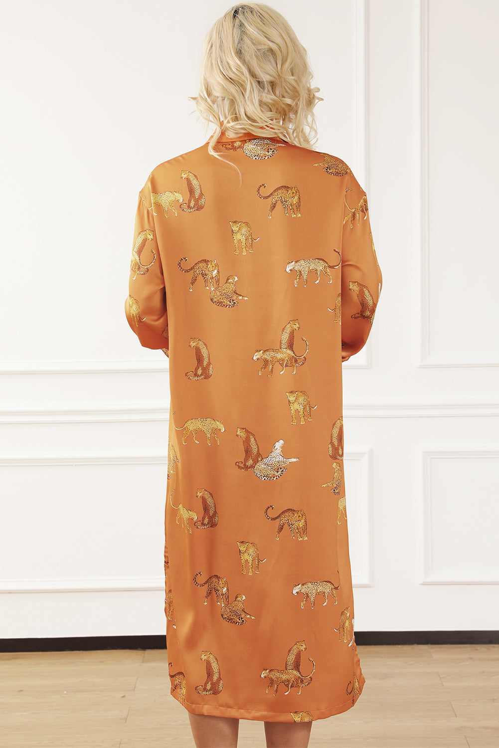 Russet Orange Cheetah Animal Print Button Up Satin Shirt