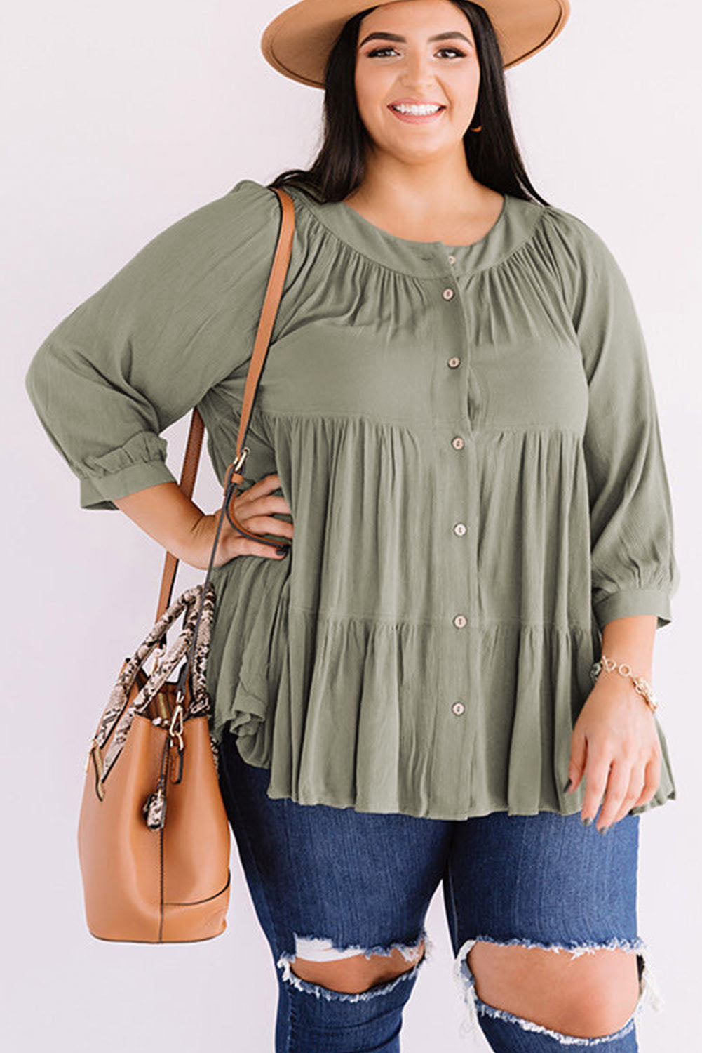 Plus Size Ruffle Tiered Split Neck Shirt