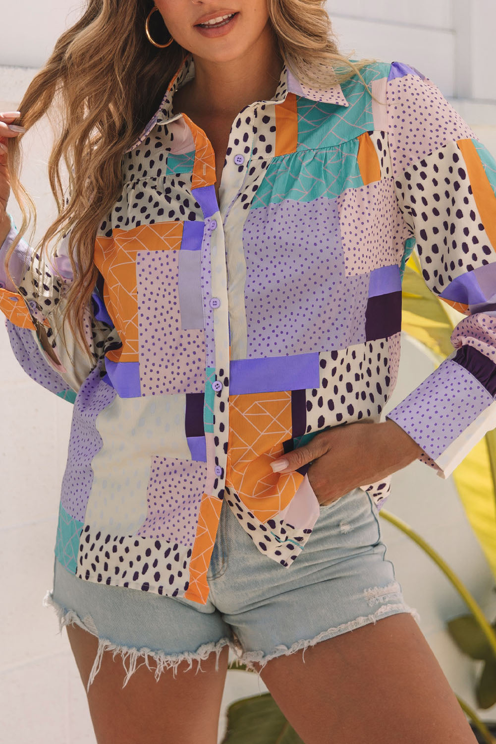 Multicolour Plus Size Mixed Print Buttoned Shirt