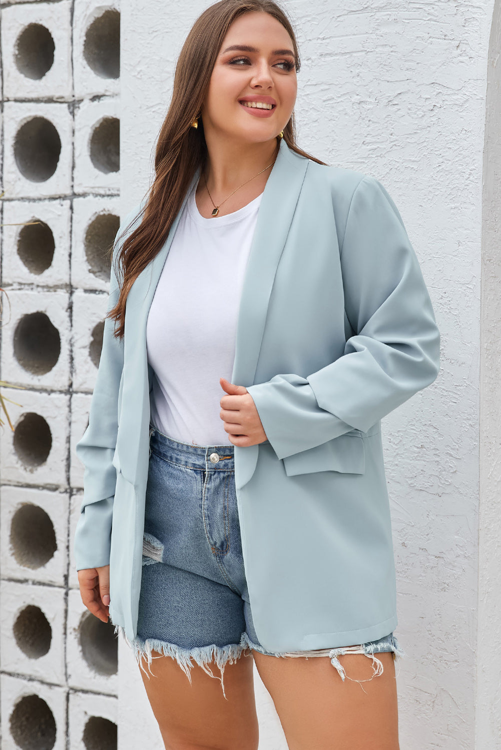 Sky Blue Plus Size Soft Lightweight Pocketed Lapel Blazer