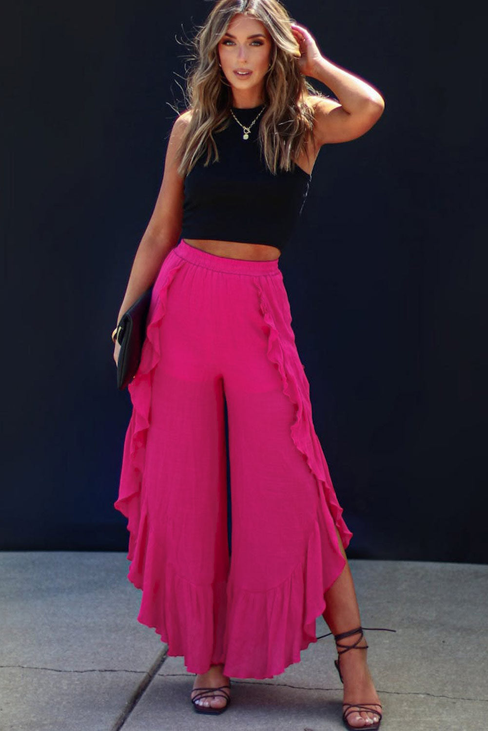 Ruffle Slit High Waist Wide Leg Pants