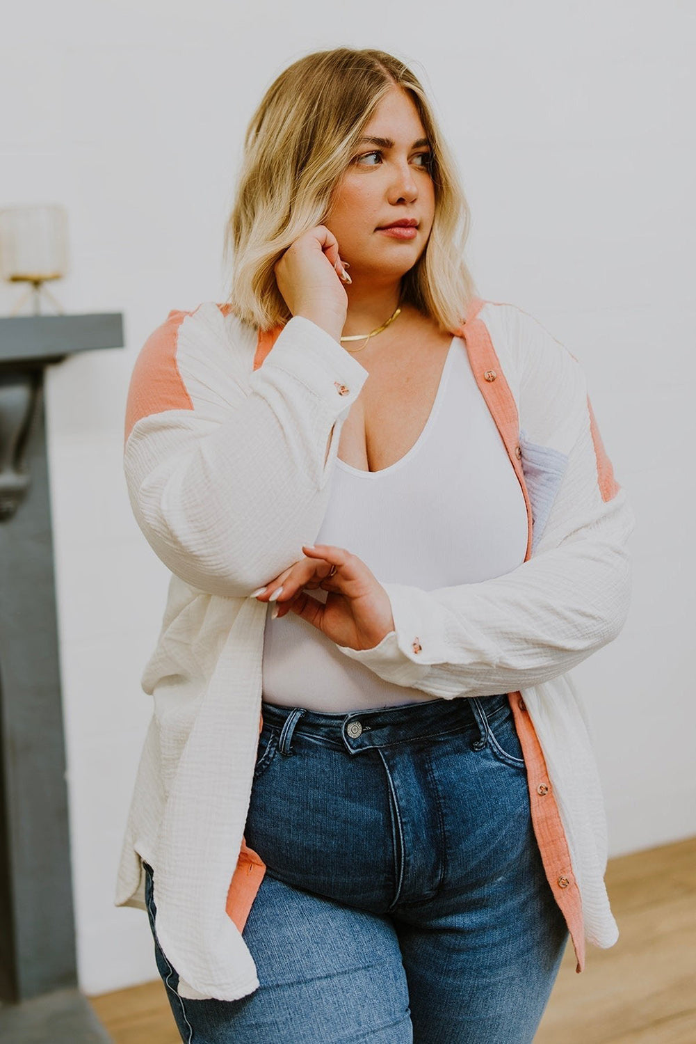 Crinkle Colorblock Chest Pocket Plus Size Shirt