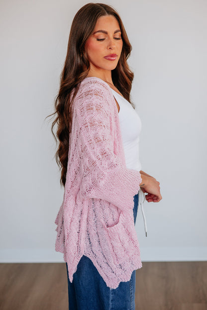 Pink Drop Shoulder Crochet Knit Open Front Cardigan