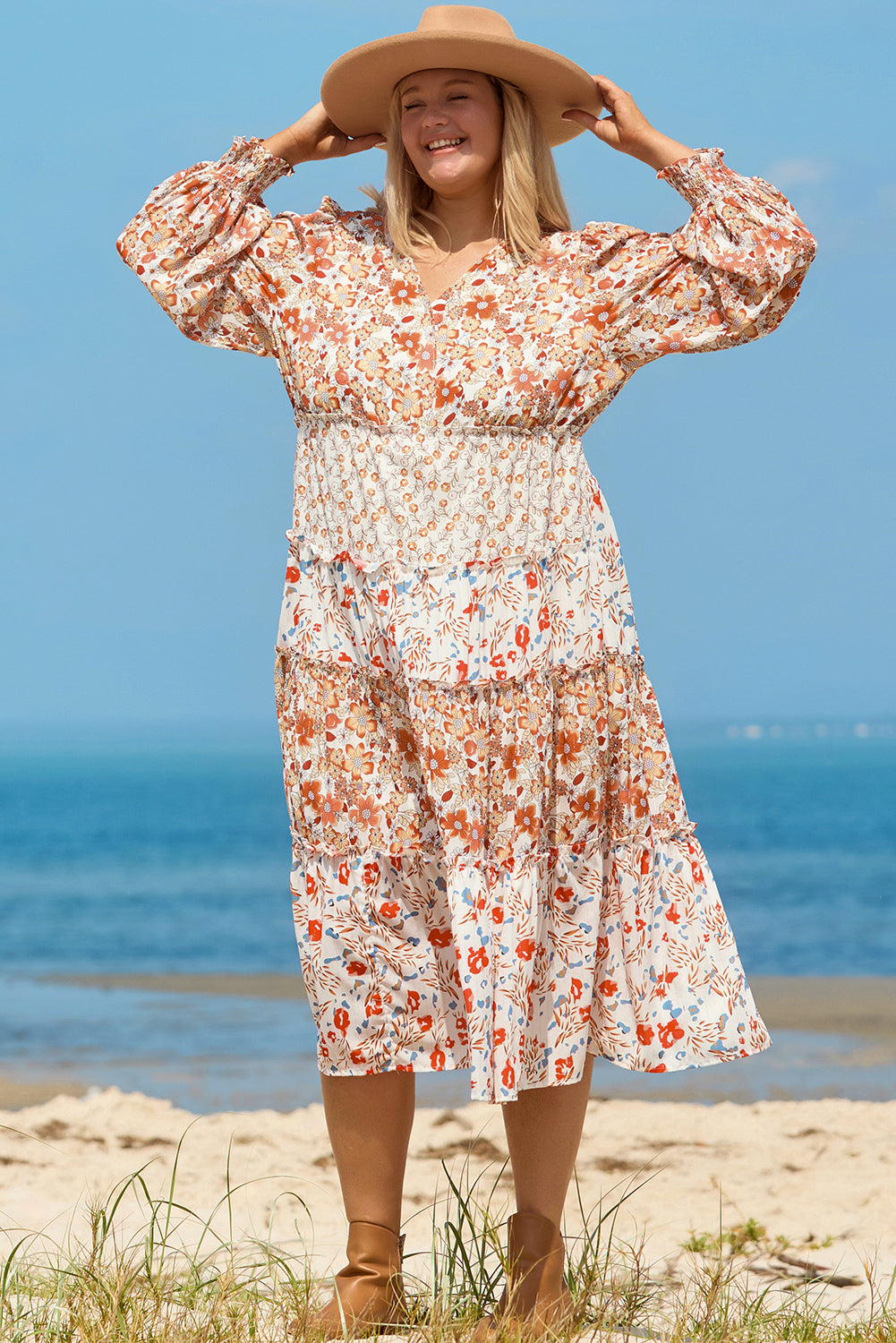 Khaki Plus Size Floral Tiered Ruffle Maxi Dress