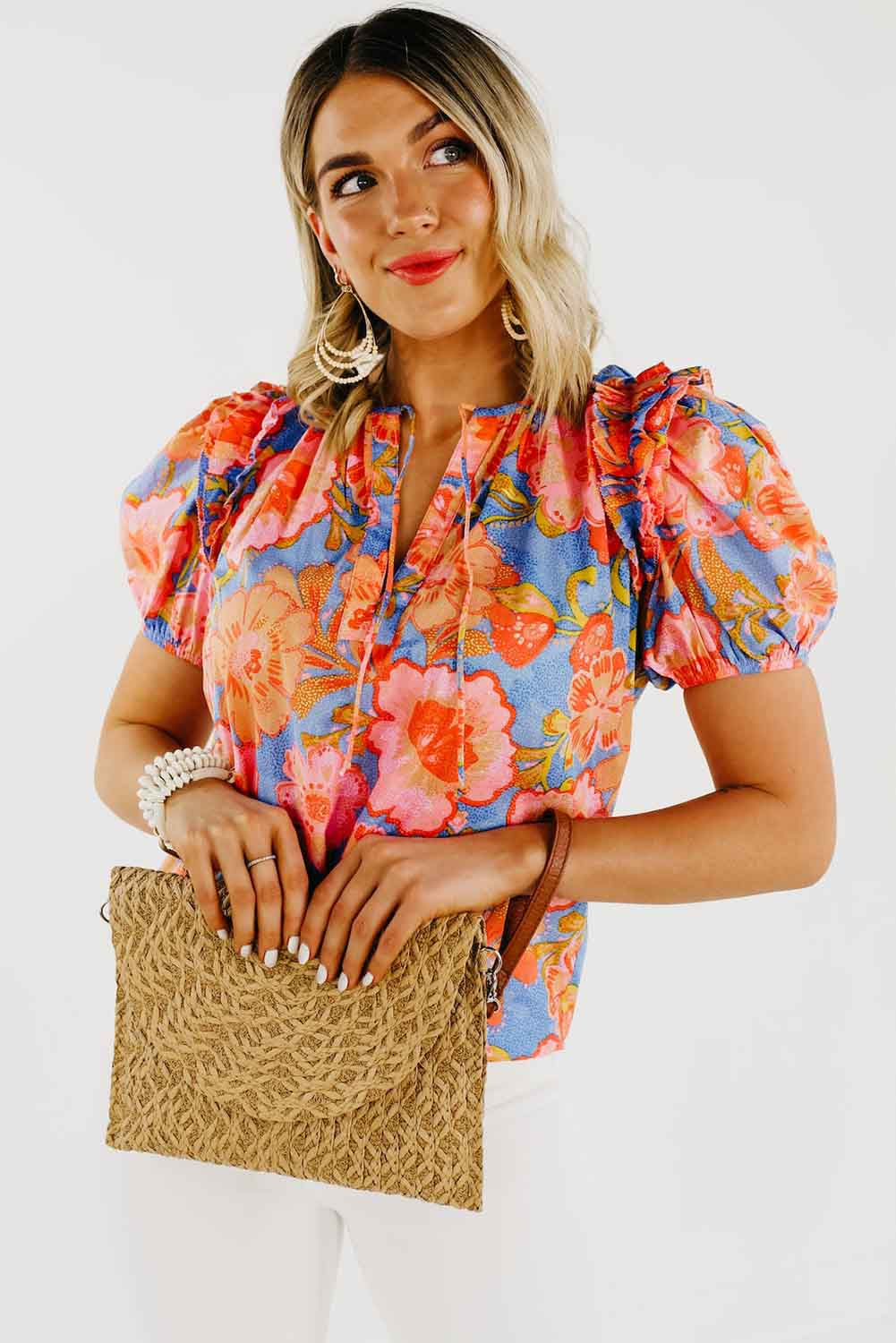 Multicolor Floral Bubble Sleeve V-Neck Plus Size Blouse