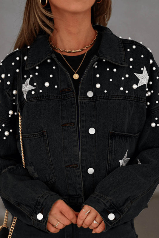 Black Distressed Pearls Star Cropped Denim Jacket