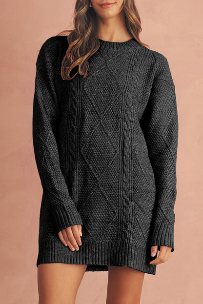 Burgundy Cable Knit Drop Shoulder Loose Fit Sweater Dress