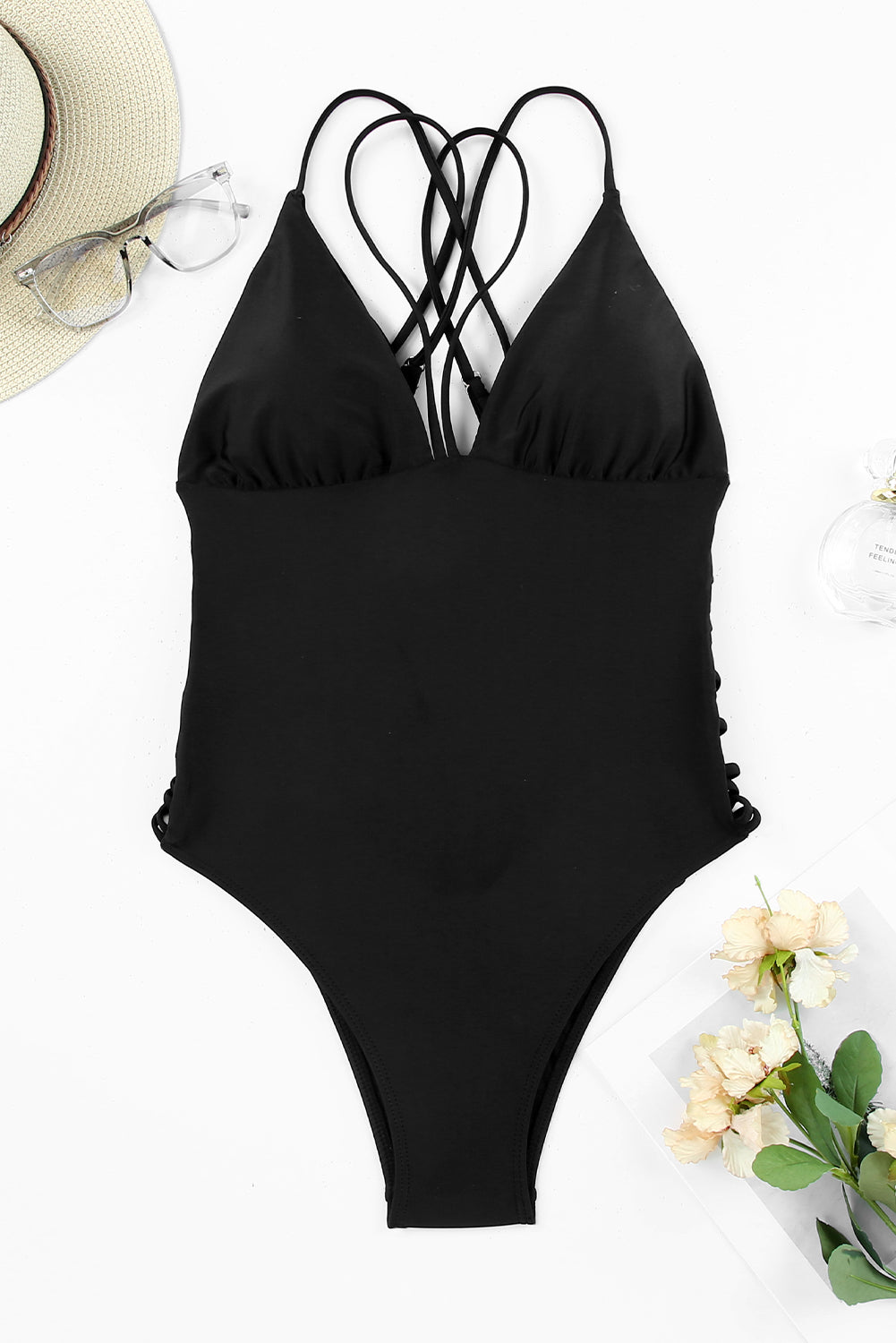 Criss Cross Backless Deep V Neck One Piece Swimsuit