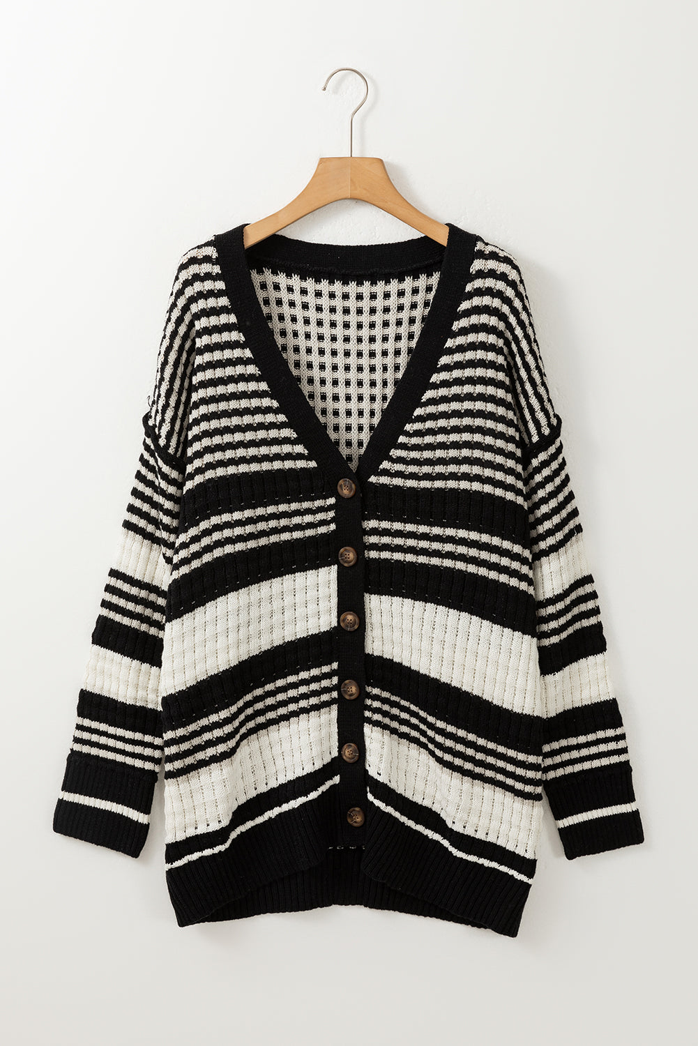 White Plus Size Color Block Cable Knit Buttoned Cardigan