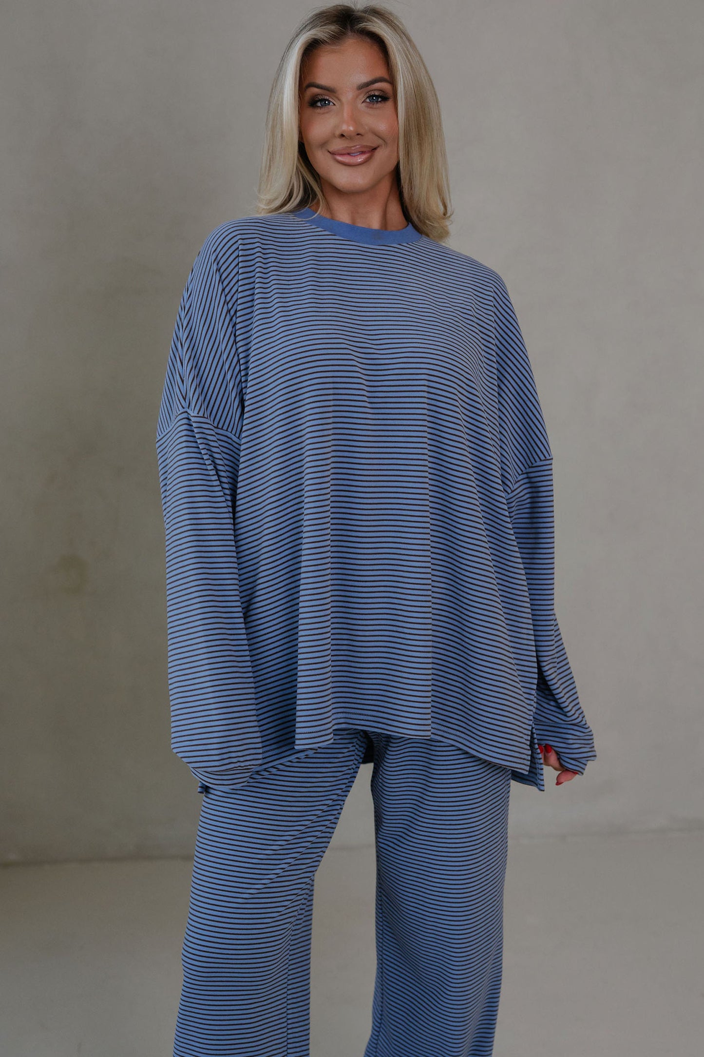 Pink Striped Drop Shoulder Long Sleeve Pant Set