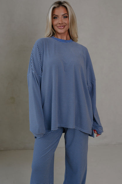 Pink Striped Drop Shoulder Long Sleeve Pant Set