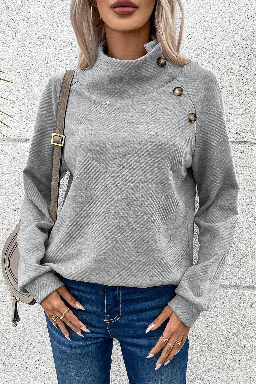 Light Grey Textured Snap Buttons Pullover Plus Size Sweatshirt