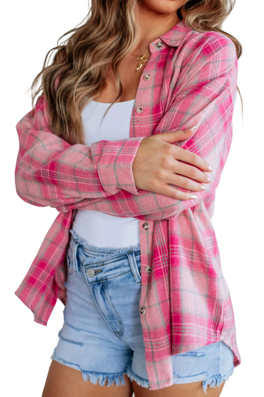Sachet Pink Plaid Rounded Hem Long Sleeve Shirt Shacket