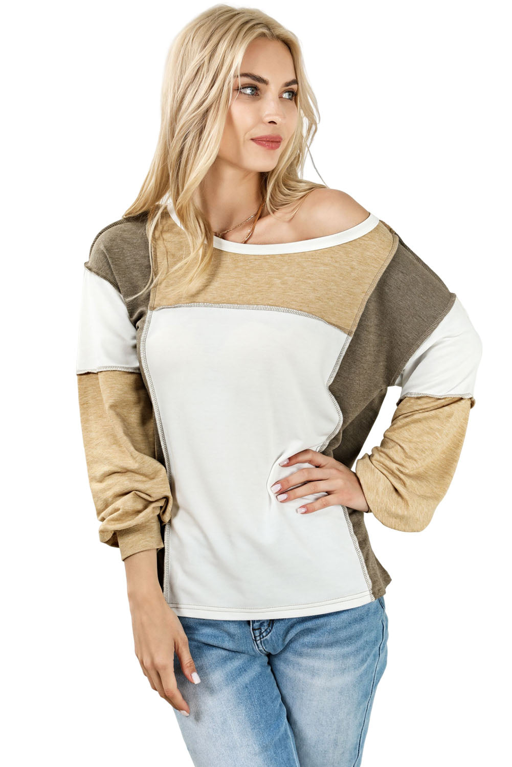 Medium Grey Exposed Seam Color Block Patchwork Top