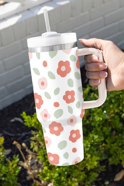 White 60s Floral Print Stainless Large Portable Cup