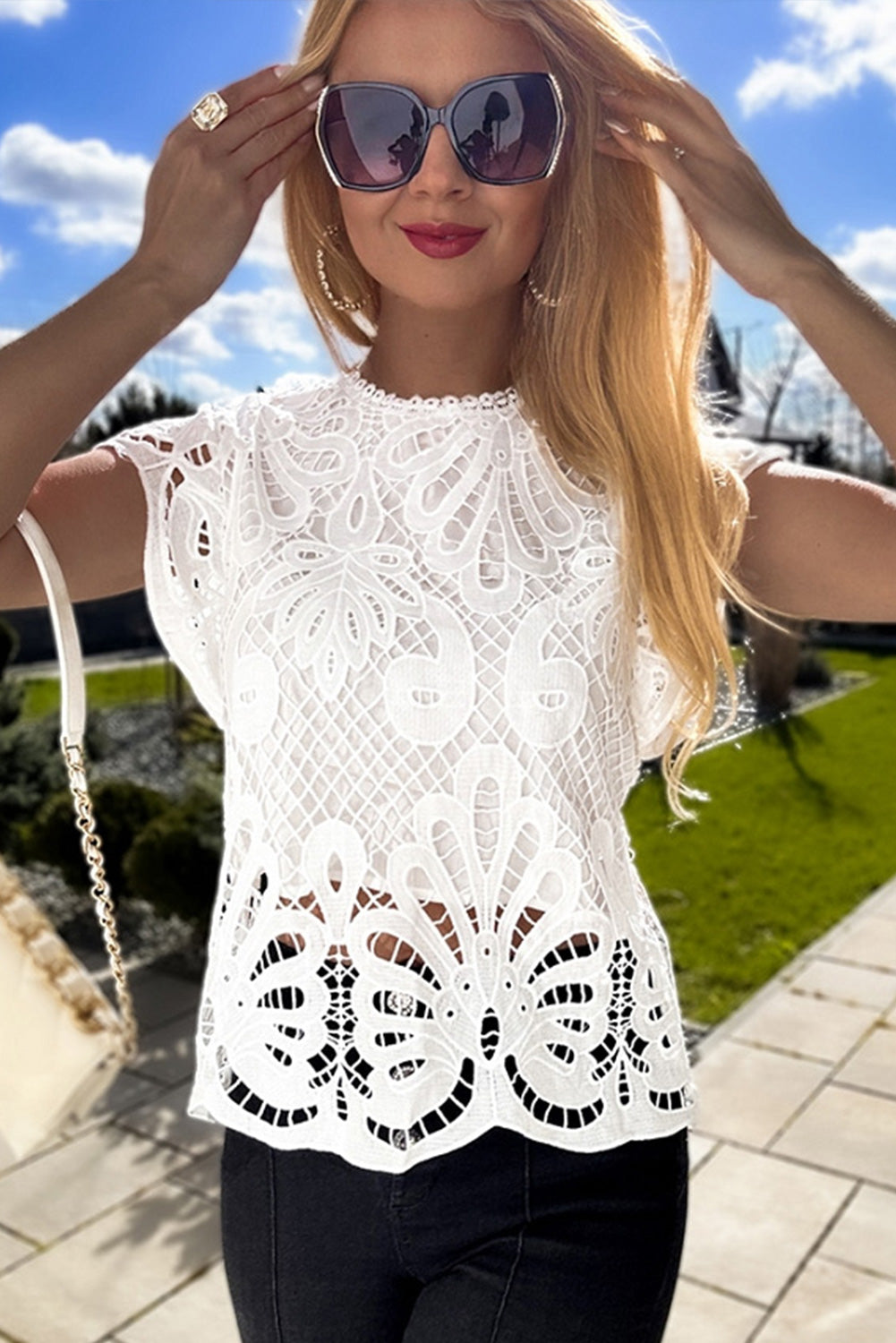 Lace Crochet Hollow-out Flutter Sleeve T-Shirt