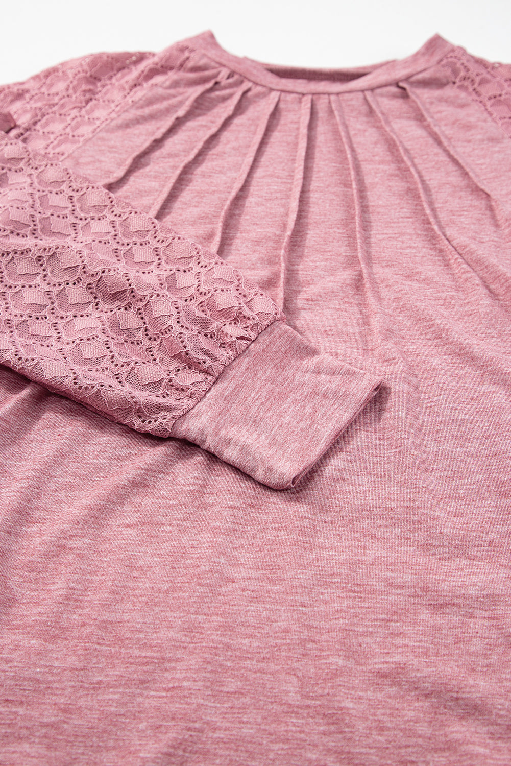 Rose Pink Contrast Lace Raglan Sleeve Plicate Round Neck Top