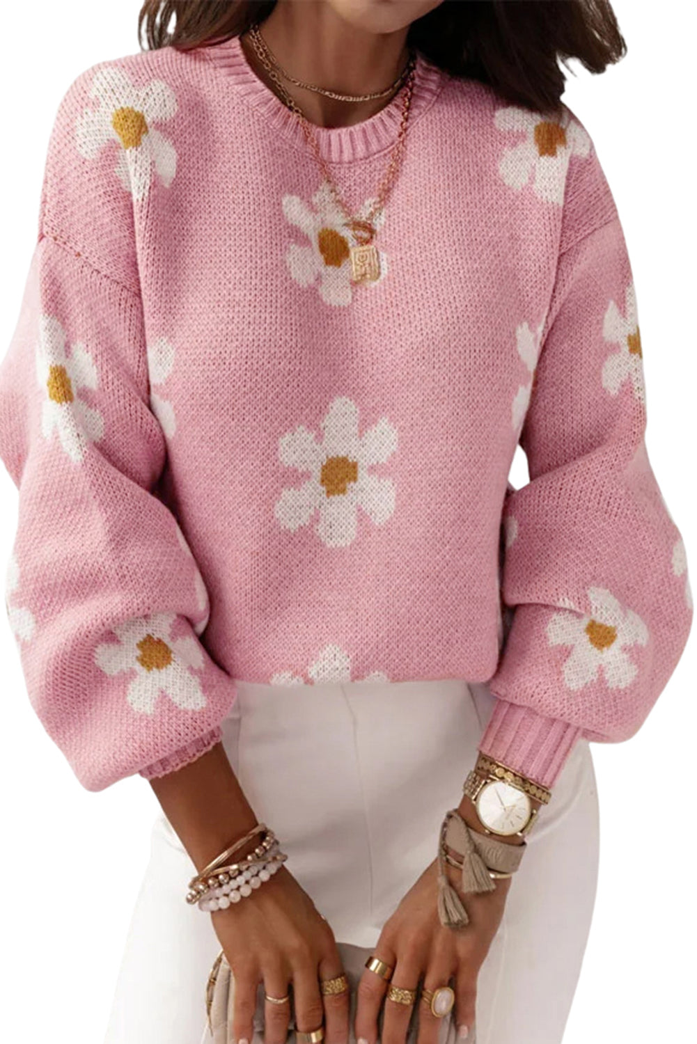 Black Floral Pattern Drop Shoulder Sweater